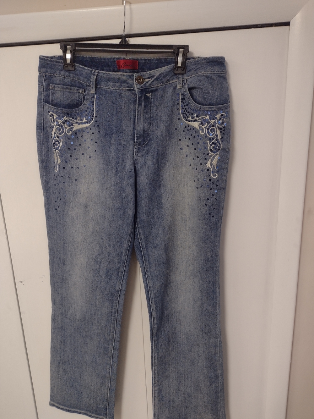 CARINA Jeans Embellished White Embroidery Sequins EUC sz 14